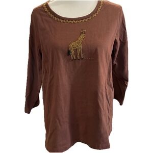 Vtg Quacker Factory Beaded Giraffe Shirt‎ 3/4 Sleeve Animal Brown